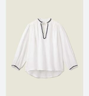 Trovata Birds Of Paradis Bailey Shirt Linen V-Neck White Blue Trim XS